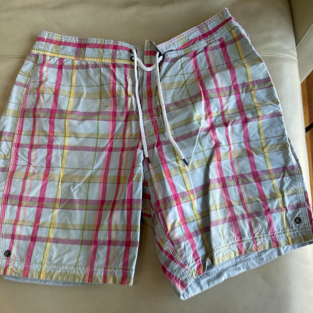 Tailor Vintage Reversible Board Shorts.  Blue/Pink plaid & Solid Light Blue. XL